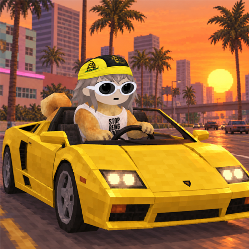 Doge Alon driving a yellow convertible down a palm-lined street at sunset